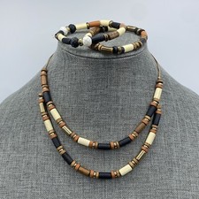 Wood Bead Gold Tone Necklace  Bracelet Set Bohemian Surfer Coastal Boho Ethnic