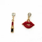 New Sexy Red Enamel Lady Lips & Lipstick Asymmetric Fashion Gift Stand Earring