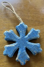 Christmas Tree Ornament Rustic Farmhouse Style Depressed Wood 3-D Blue Snowflake