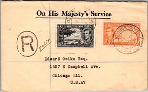 1938 Cayman Islands Georgetown Registered Mail Cover to USA IL Chicago