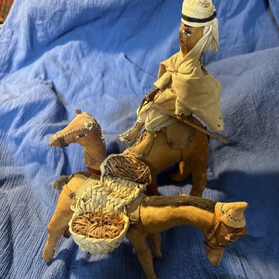 Vintage handgefertigtes Leder Kamel und Reiter & Packung Maultier Esel Korb Souvenir Kunst