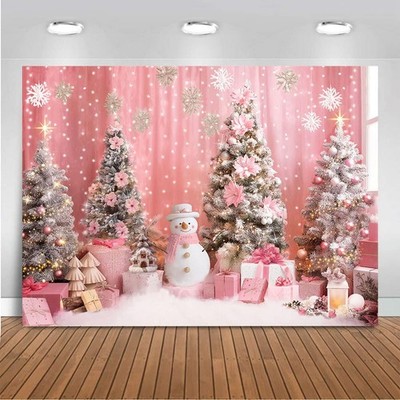 7x5ft Pink Christmas Backdrop Snowflake Xmas Tree Interior Room Photography B...