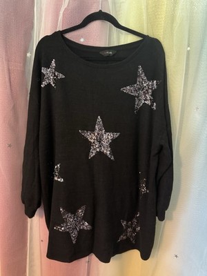 YOURS CLOTHING - BLACK SUPERSOFT SEQUIN STAR DETAIL JUMPER TOP UK 22-24 VGC