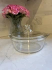 Vintage PYREX 023-623 B Clear 2 Qt Casserole Dish w Lid & Silver Cradle