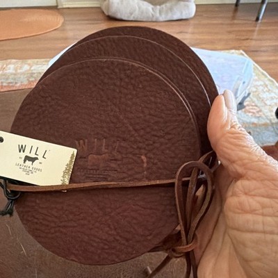 WILL Leather Goods Brown Leather Round Coaster Set of 6, Tied Solid