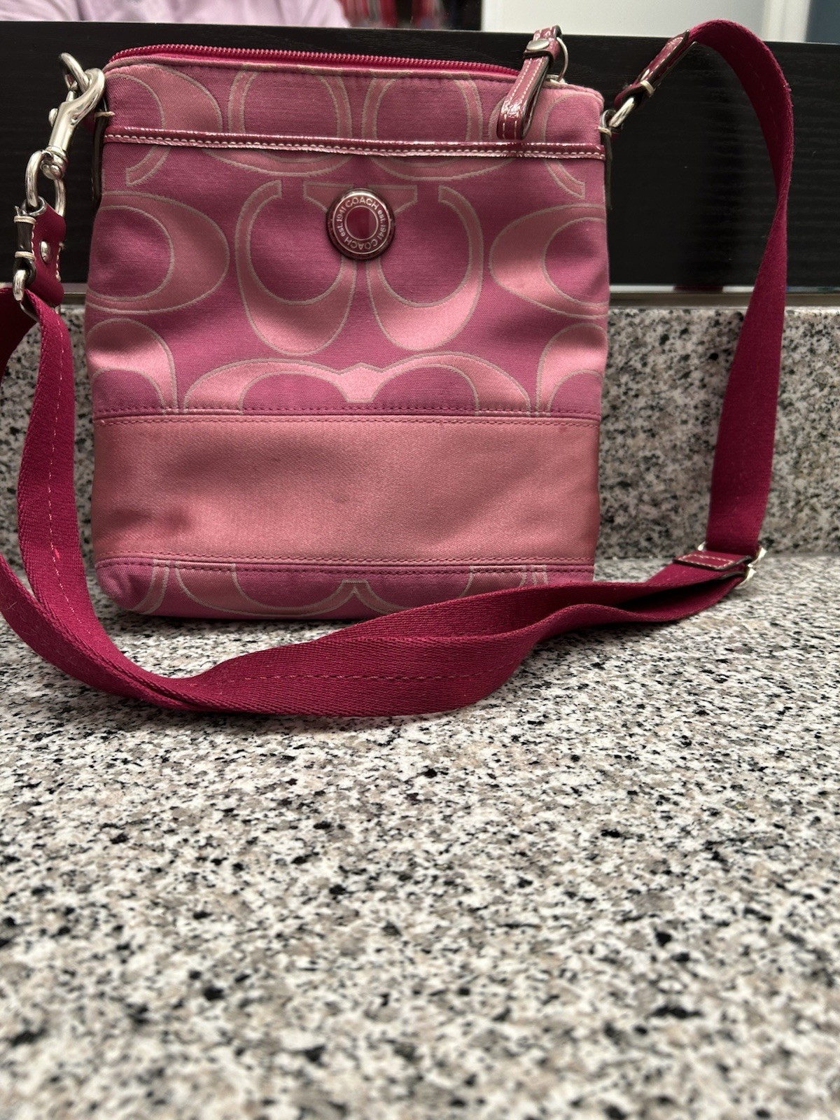 Coach Signature Stripe Sateen Swing Pack crossbody bag in pink