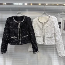 French Style Womens Rhinestone Tweed Short Coat Jacket Outwear Round Neck Spring