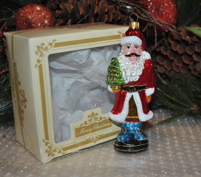 NEW IMPULS Mouth Blown Glass Ornament NUTCRACKER SANTA w/XMAS TREE 5'' Poland