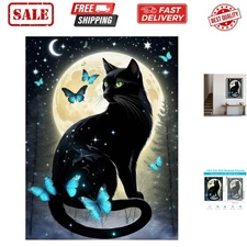 5D Black Cat Diamond Art Kits for Adult Beginners Moon Cat Diamond Painting K...