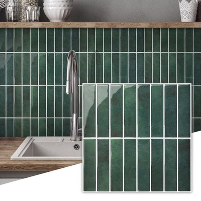Commomy Green Peel and Stick Tile - 10 Pcs of 12'' x 12'' Vertical 3D Peel an...