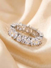 Silver Cubic Zirconia Pear Baguette Ring For Women Size 6 7 8 9