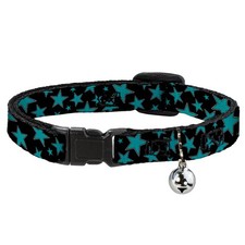 Cat Collar Breakaway with Bell Stars/Multi Stars Black/Turquoise NARROW Fits 8.5