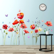 Red Poppy Flowers Wall Decals Daisy Floral Butterfly Wall Stickers DIY Remova...