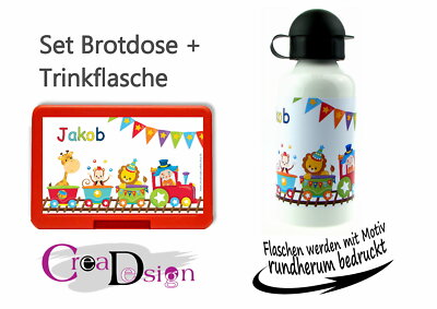 Brotdose Trinkflasche Pausenbox Lunchbox mit Namen Geschenk Kindergarten Zug 