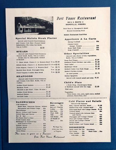 FORT VAUSE RESTAURANT—ROUTE 11 SHAWSVILLE VA—VINTAGE TAKE-OUT MENU 1960s—VGC