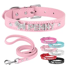 Personalized Dog Cat Collar & Leash DIY Name Letters Charms Bling Soft Leather