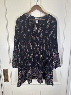 Catherines Paisley Wrinkle Fabric Tunic Blouse Womens Size 4X Black Comfort NWT