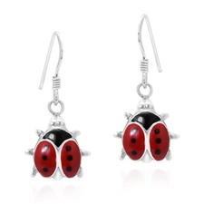 Adorable Little Red Beetle Lady Bug Sterling Silver Dangle Earrings