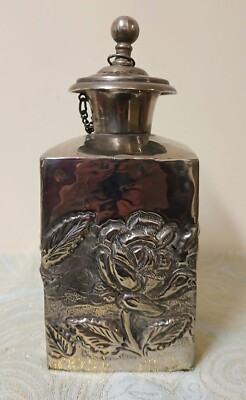 Vintage Silver Metal Floral Embossed Flask Style Decanter India 9.5 inch