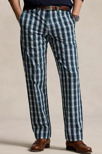New Mens Polo Ralph Lauren Classic-Fit Blue Plaid Seersucker Pants 33 x 30