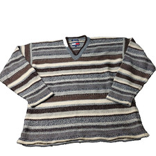 VINTAGE 90s Tommy Hilfiger Wool V Neck Sweater Mens XL Brown Gray Striped Street