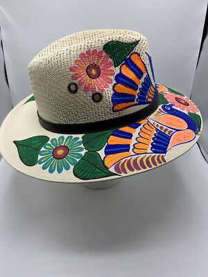 MEXICAN Artisan Hat Hand Painted Fedora Floral Birds  display picture 3