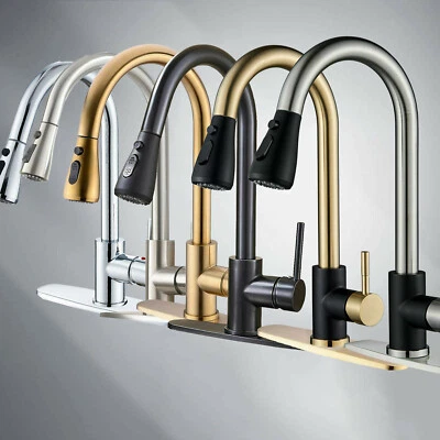 WEWE Kitchen Sink Faucet Pull Down Single Handle Swivel Sprayer Mixer Tap W/Plate