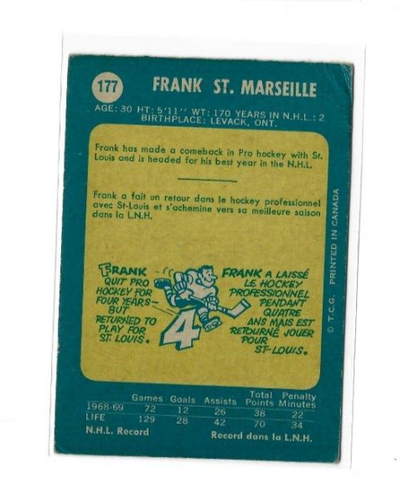 1969-70 O-Pee-Chee #177 Frank St. Marseille RC VG - Picture 2 of 2