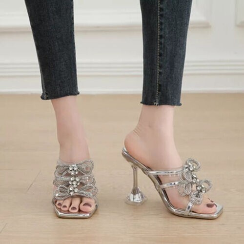 Sandales à Talons Charles Jourdan Paris (1982) - Argenté Avec Strass - Taille 37.5 - Occasion Vintage