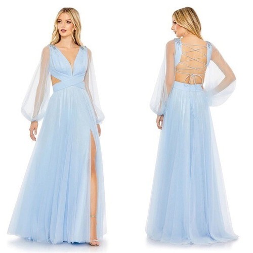 Mac Duggal 50662 Tulle Puff Sleeve Cut Out Lace Up A-Line Gown Size 0 NWT Blue - 第 1/6 張圖片