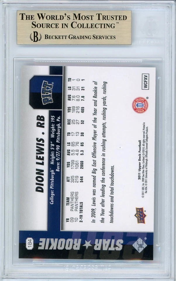 POP 1: Dion Lewis BGS 9.5: 2011 Upper Deck Rookie Year Card Gisto #184 - Image 2 of 3