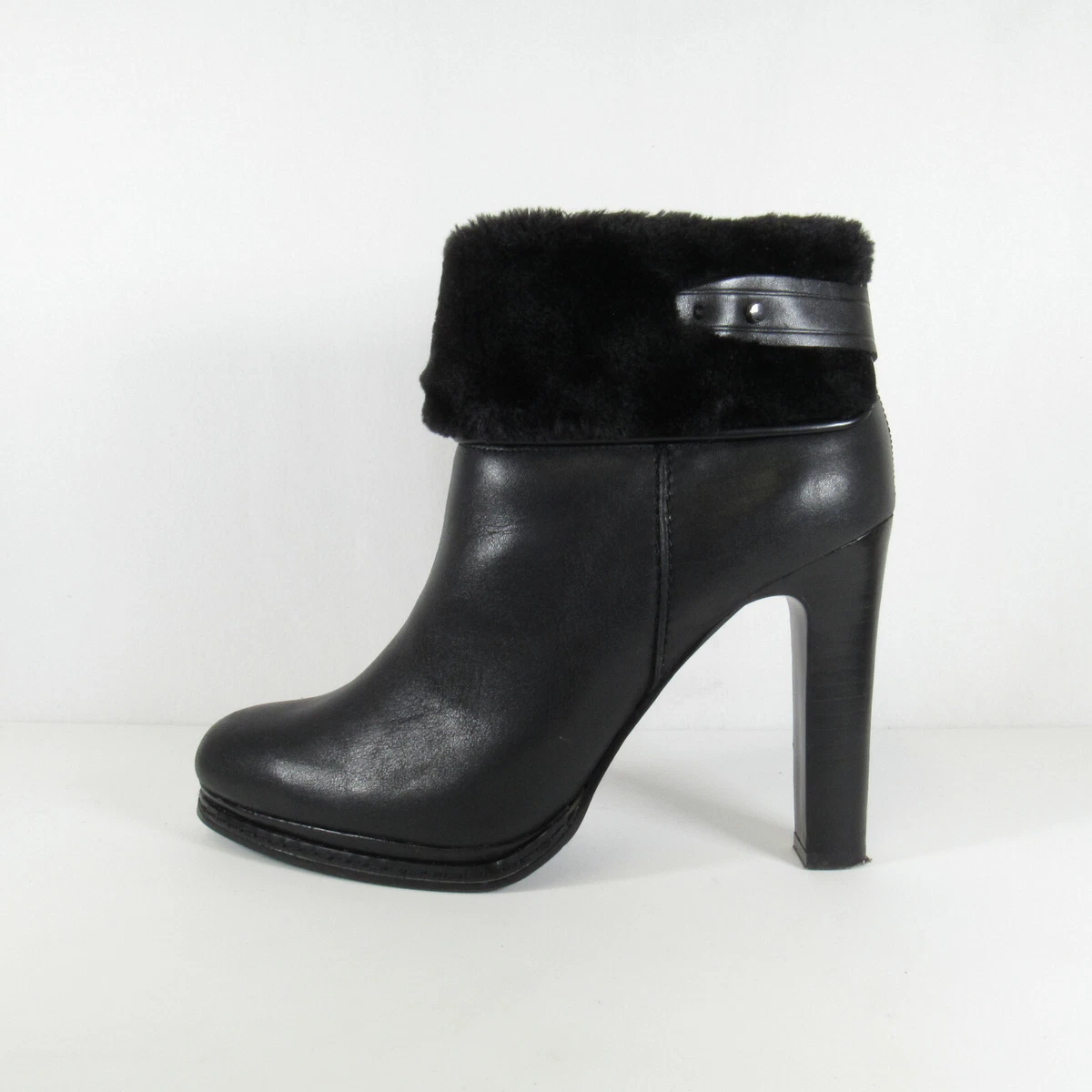 Autograph black leather ankle boots with round toe faux fur block heel size 7.5