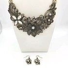 Gold Tone Filigree Floral Statement Necklace & Earrings Set Clear Rhinestones