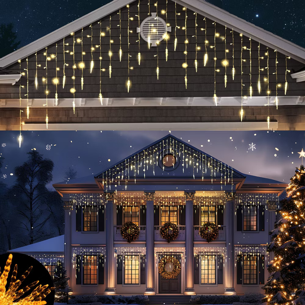 Joyfy 416 LED Warm White Christmas Icicle Lights, Xmas Eaves Decor Light