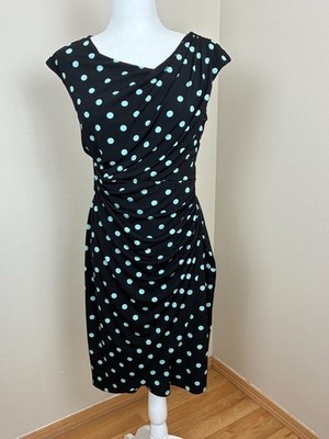 Macy's Connected Apparel Black with Turquios Polka Dot Dress Size 10