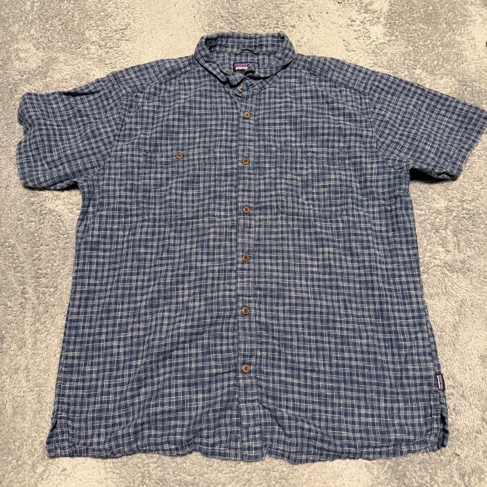Patagonia Back Step Shirt Mens XL Hemp Organic Cotton Blue Plaid Hiking Gorp