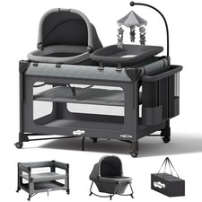 Pack & Play W/ Bassinet 7 in 1 One-Step Setup Bedside Crib Portable Playpen
