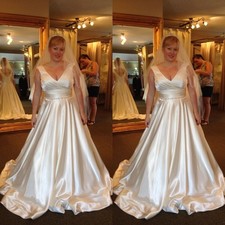 Elegant Wedding Dresses V Neck Satin Sweep Train Plus Size Beaded Bridal Gowns