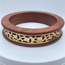 Vintage Gold-Tone Safari Classic Boho Wood Floral Filigree Bangle Bracelet
