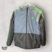 Adidas Youth Large 14 16 Hooded Windbreaker Jacket Black Gray Green Stripes