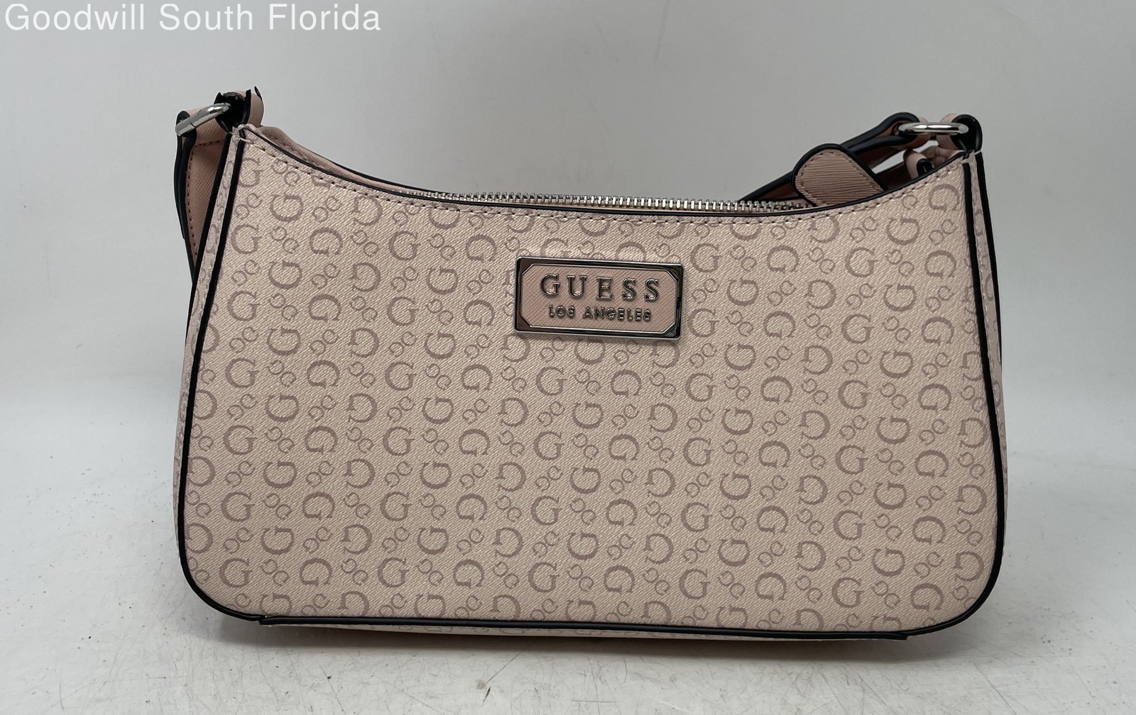 Guess Womens Pink Signature Print Single Strap Zip Top Lined Shoulder Handbag