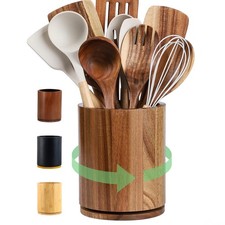 Acacia Wood Utensil Holder, 360 Rotating 7.3 in Kitchen Organizer
