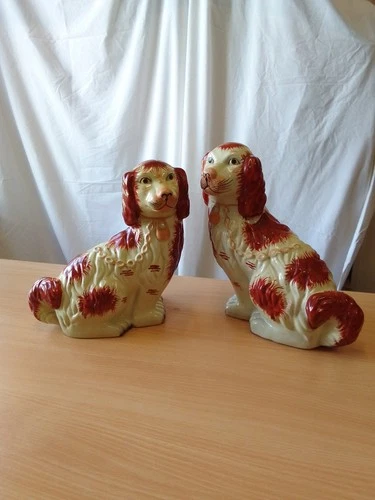 Pair Of Staffordshire Style, 28cm Tall Red And White Spaniel Dogs
