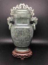Antique Chinese Spinach Jade Vase 6”Qing Dynasty  W/ Wood Stand和田碧玉