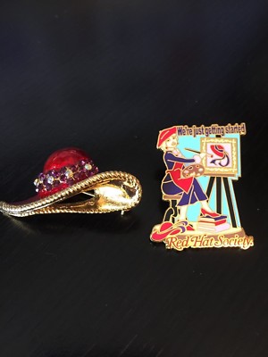 Red Hat Society Pinback and Brooch We're Just Getting Started 2009 Rhinestones