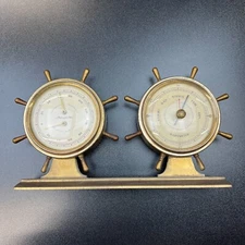 Airguide Brass Ship's Wheel Nautical Weather Station Thermometer Barometer