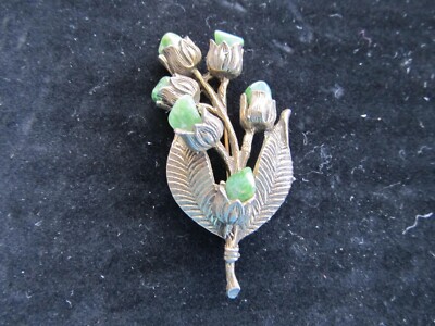 Vintage HOB Brass Tone Brooch Pin with Jade Rose Buds