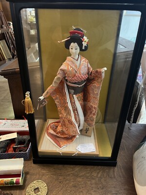 Vintage Japanese Geisha Doll 17” w/ Glass Case NO MIN NO RESERVE