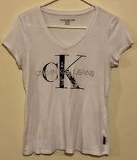 Calvin Klein Jeans White Logo V-Neck T-Shirt Women s Size XS