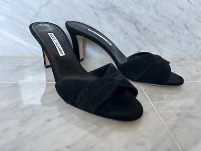 NWOB, MANOLO BLAHNIK Black Suede SIEMU 70 SANDAL heels SHOES mules SZ 